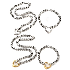 304 Ensembles de colliers et bracelets avec pendentif en forme de cœur en acier inoxydable, 202 Ensembles de bijoux en chaîne en acier inoxydable pour femmes