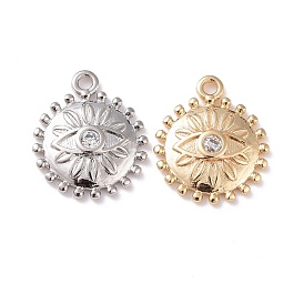 Brass Micro Pave Clear Cubic Zirconia Charms, Cadmium Free & Lead Free, Flat Round with Eye
