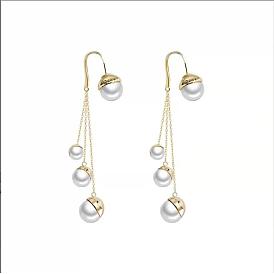 Boucles d'oreilles pendantes vintage en perles d'imitation, Boucles d'oreilles pompon chaînes en laiton pour femme