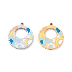 PVD Vacuum Plating 304 Stainless Steel Enamel Pendants, Manual Polishing, Flat Round