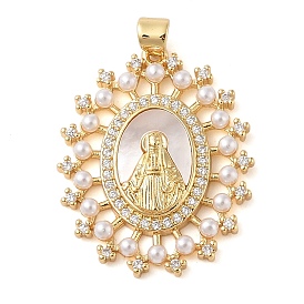 Brass Micro Pave Clear Cubic Zirconia Pendants, with Shell, ABS Imitation Pearl, Oval with Virgin Mary Charm