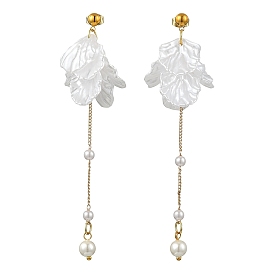 Серьги-гвоздики с подвесками из акриловых жемчужин и ракушек, с латунной фурнитурой 