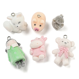 Flocking Resin Cute Pendants, Animal Charms with Platinum Plated Iron Loops, Fox/Pig/Mouse/Cattle/Bear/Girl