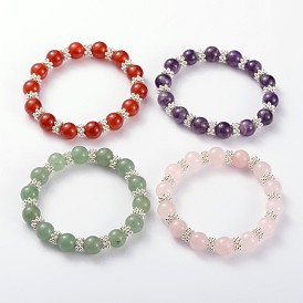Valentine's Day Charming Gemstone Beaded Stretch Bracelets, with Alloy Snowflake Beads, 56mm
