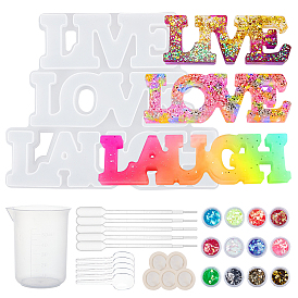 Olycraft Word Love & Laugh Silicone Molds Kits, Resin Casting Molds, For UV Resin, Epoxy Resin Craft Making, with Plastic Pipettes, Nail Art Sequins, Latex Finger Cots