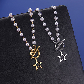 304 Stainless Steel Star Pendant Necklace, with Imitation Pearl Beaded Chains