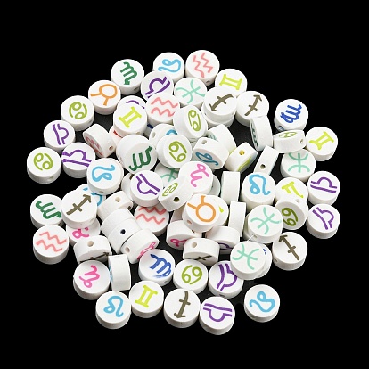 Handmade Polymer Clay Beads, Flat Round with Constellation