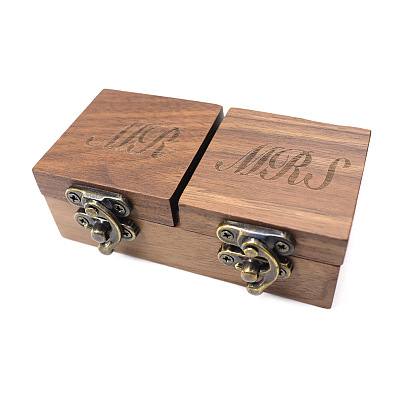 Wood Couple Ring Storage Box with Latch Clasps, Wedding Ring Gift Case, Rectangle