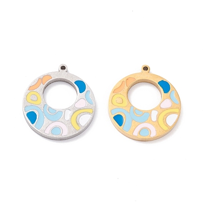 PVD Vacuum Plating 304 Stainless Steel Enamel Pendants, Manual Polishing, Flat Round