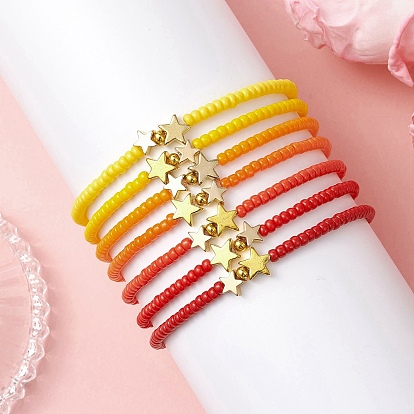 7шт. стеклянные бусины эластичные браслеты для женщин, звезда, с латунной бисера, золотые