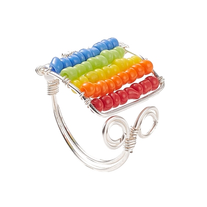 Glass Bead Braided Rectangle Open Cuff Ring, Copper Wire Wrap Jewelry for Women