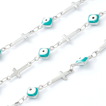 304 Stainless Steel Enamel  Link Chains, Rhombus Evil Eye & Cross, Unwelded, with Spool