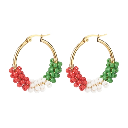 Christmas Theme Glass Seed Braided Hoop Earrings, Gold Plated 304 Stainless Steel Jewelry for Women
