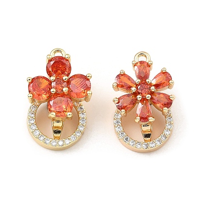 Brass with Cubic Zirconia Fold Over Clasps, Round Ring with Flower