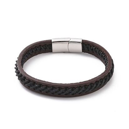 Black Leather Cord Bracelet with 304 Stainless Steel Magnetic Clasps, Punk Flat Wristband for Men Women