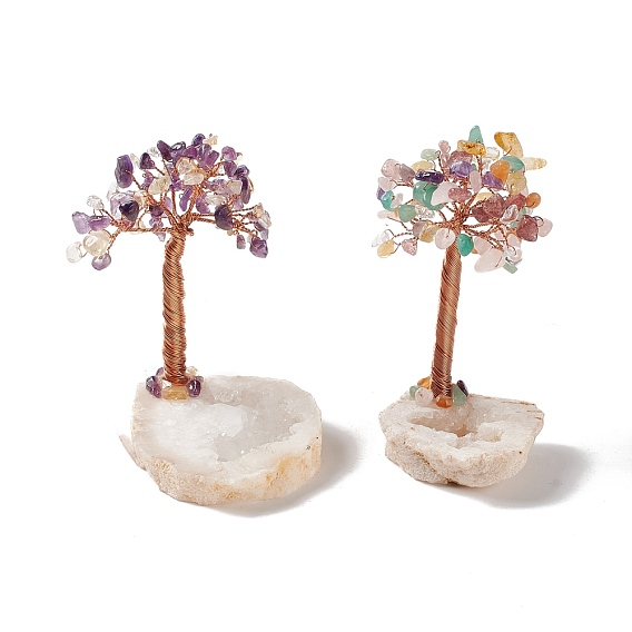 Natural Gemstone Chips and Natural Quartz Crystal Pedestal Display Decorations, Healing Stone Tree, for Reiki Healing Crystals Chakra Balancing, with Rose Gold Plated Brass Wires, Lucky Tree