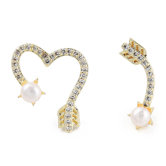 Clear Cubic Zirconia Arrow & Heart Asymmetrical Earrings with Natural Pearl Beaded, Brass Stud Earrings with 925 Sterling Silver Pins for Women