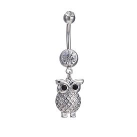 Piercing Jewelry Real Platinum Plated Brass Rhinestone Owl Navel Ring Belly Rings, 44x12mm
