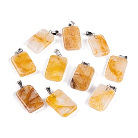 Natural Yellow Hematoid Quartz Pendants, Rectangle Charms with 201 Stainless Steel Snap on Bails