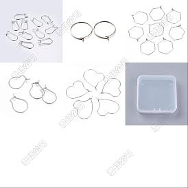 100pcs 5 style 304 boucles d'oreilles créoles en acier inoxydable, fil d'oreille de rein, anneaux de charme de verre à vin, coeur et hexagone et anneau