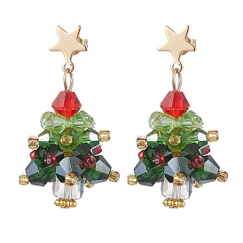 Glass Dangle Earrings, with 304 Stainless Steel Findings, Christmas Tree, Dark Green