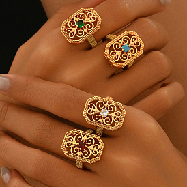 Латунные микропаве кубические цирконии геометрические полые регулируемые кольца для женщин, восьмиугольник с цветочным узором, золотые