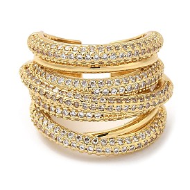 Rack Plating Brass Criss Cross Open Cuff Rings with Cubic Zirconia, Lead Free & Cadmium Free