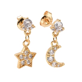 Clear Cubic Zirconia Moon & Star Dangle Stud Earrings, Rack Plating Brass Asymmetrical Earrings for Women, Cadmium Free & Lead Free