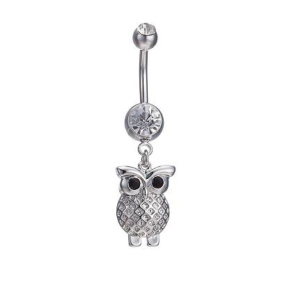 Piercing Jewelry Real Platinum Plated Brass Rhinestone Owl Navel Ring Belly Rings, 44x12mm