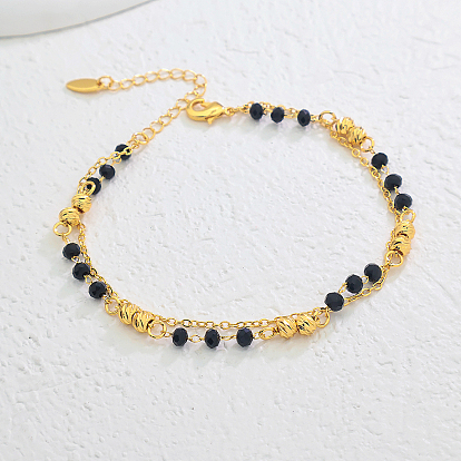 Винтажные пляжные браслеты на ногу из латуни, круглые и черные стеклянные, двухслойные, из цепочек-ронделей для женщин