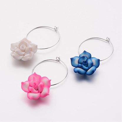 Handmade Polymer Clay Wine Glass Charms, Flower, with Silver Color Plated Brass Hoop Earrings, 25mm