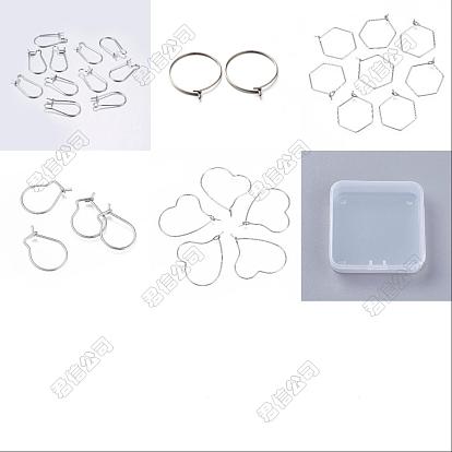 100pcs 5 style 304 boucles d'oreilles créoles en acier inoxydable, fil d'oreille de rein, anneaux de charme de verre à vin, coeur et hexagone et anneau