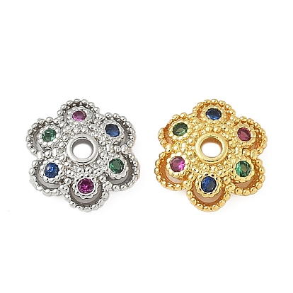 Латунные колпачки для бусин с микропаве и разноцветными фианитами, цветок