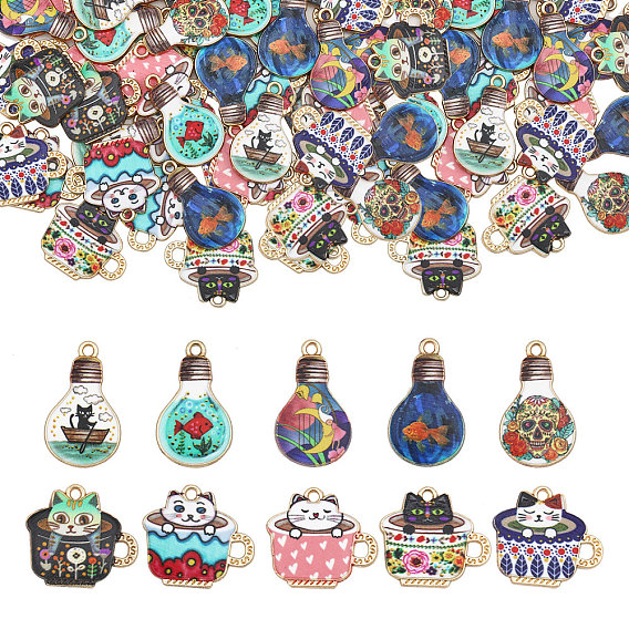 50 шт 10 стиль подвески из сплава эмали, золотые, чайная чашка и лампочка