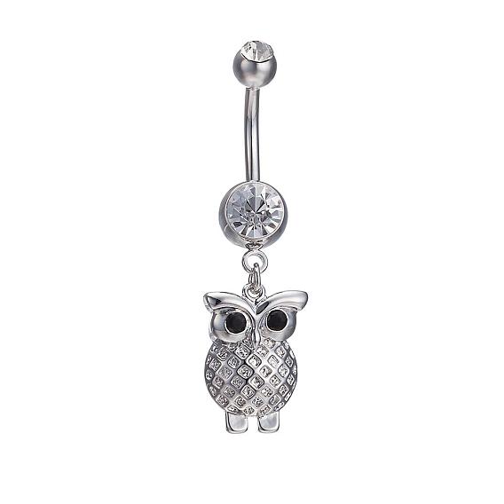 Piercing Schmuck echte platinierte Messing Strass Eule Nabel Ring Bauchringe, 44x12 mm