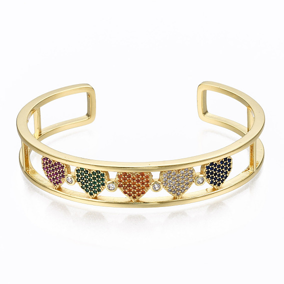 Brass Micro Pave Cubic Zirconia Cuff Bangles, Nickel Free, Heart, Colorful
