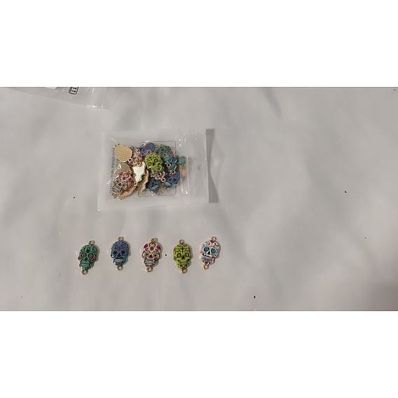 25Pcs 5 Styles Cinco de Mayo Sugar Skull Alloy Enamel Connector Charms, Light Gold