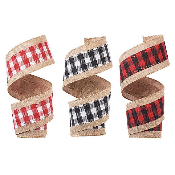 3Roll 3 Style Polyester & Hemp Ribbon, Flat with Tartan Pattern