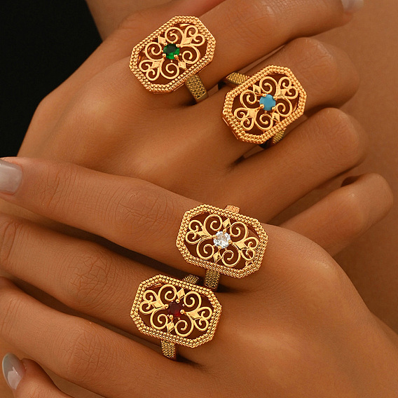 Латунные микропаве кубические цирконии геометрические полые регулируемые кольца для женщин, восьмиугольник с цветочным узором, золотые