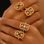 Латунные микропаве кубические цирконии геометрические полые регулируемые кольца для женщин, восьмиугольник с цветочным узором, золотые