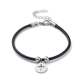 Unisex Charm Bracelets, with Cowhide Leather Cord and 304 Stainless Steel Findings, Flat Round with Cross