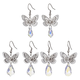 3 Pairs 3 Size Filigree 3D Butterfly Brass Dangle Earrings, Glass Teardrop Drop Earrings
