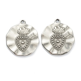 304 Stainless Steel Pendants, Flat Round with Heart