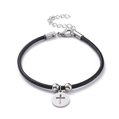 Unisex Charm Bracelets, with Cowhide Leather Cord and 304 Stainless Steel Findings, Flat Round with Cross
