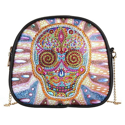 DIY Diamond Painting Stickers Kits For Bag Making, with Diamond Painting Stickers, Resin Rhinestones, Diamond Sticky Pen, Tray Plate and Glue Clay, PU Leather Bag, Bag Strap Chains, Skull Pattern