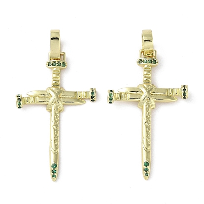 Rack Plating Brass Cubic Zirconia Pendants, Lead Free & Cadmium Free, Cross