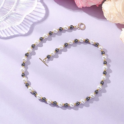 8мм белый жемчуг-ракушка с 6мм синтетическим немагнитным гематитом, круглыми бусинами для ожерелий