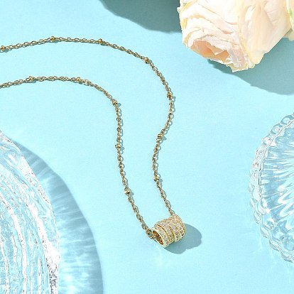 Colgante de latón con micro pavé de circonitas cúbicas transparentes y múltiples cuentas de anillo 304 Collares de cadena satélite de acero inoxidable para mujer