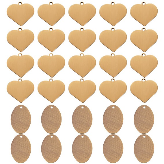 30Pcs 2 Style Brass Pendants, Stamping Blank Tag, Long-Lasting Plated, Heart & Oval