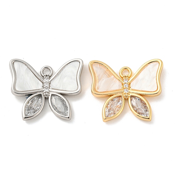 Brass Micro Pave Cubic Zirconia Pendants, with Acrylic Cabochons, Long-Lasting Plated, Butterfly